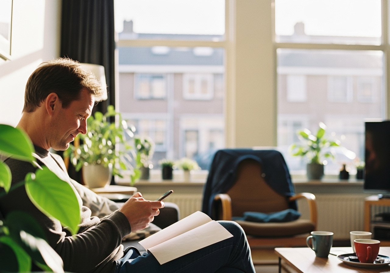 Ouder leest gerustgesteld een brief op de bank