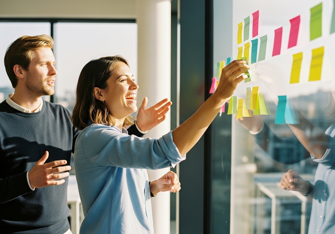 Twee collega's bouwen lachend samen aan een plan op een glazen wand vol sticky notes