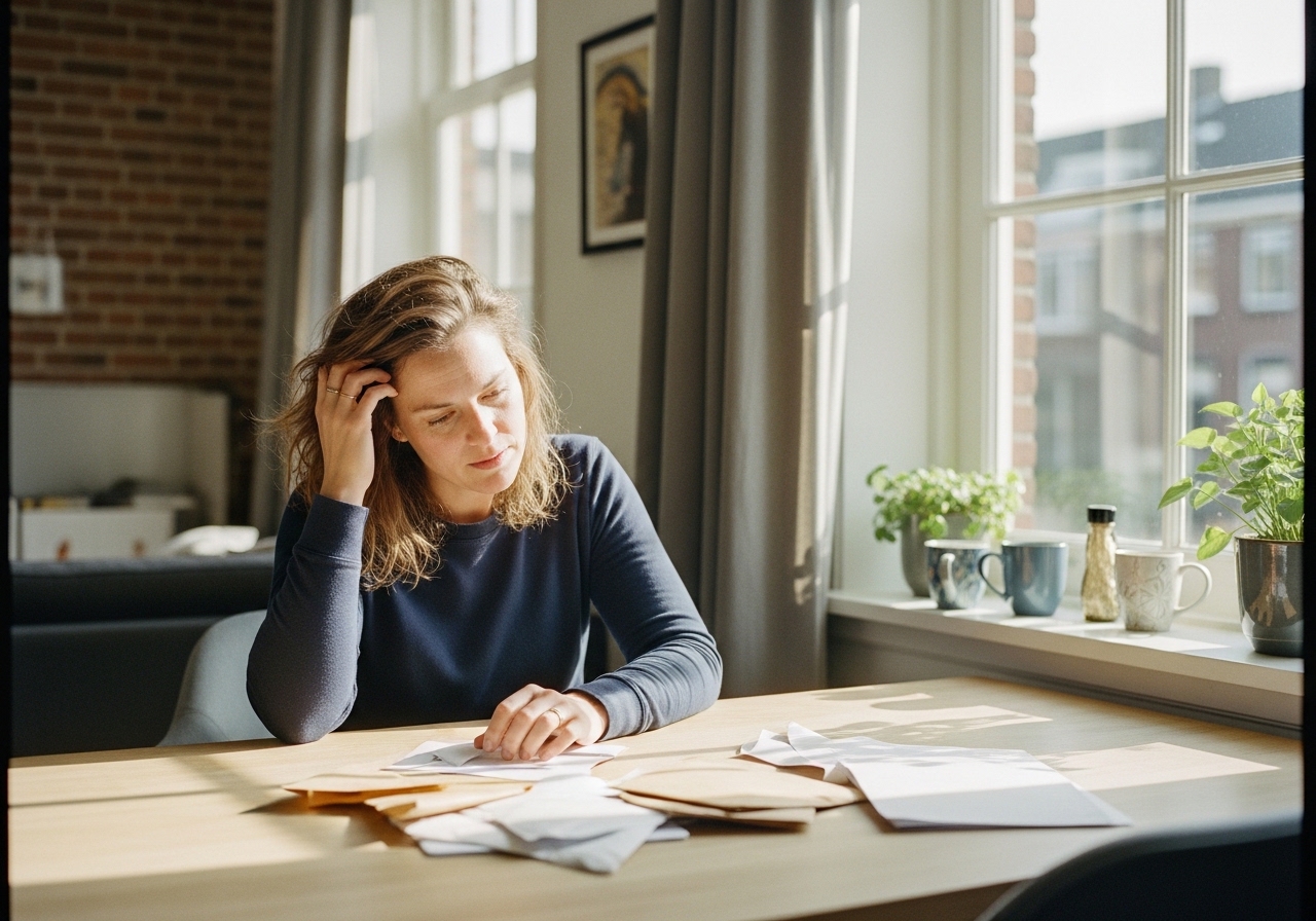 Gefrustreerde klant aan de keukentafel met een stapel papieren