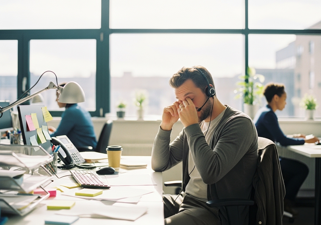 Vermoeide klantenservicemedewerker met headset